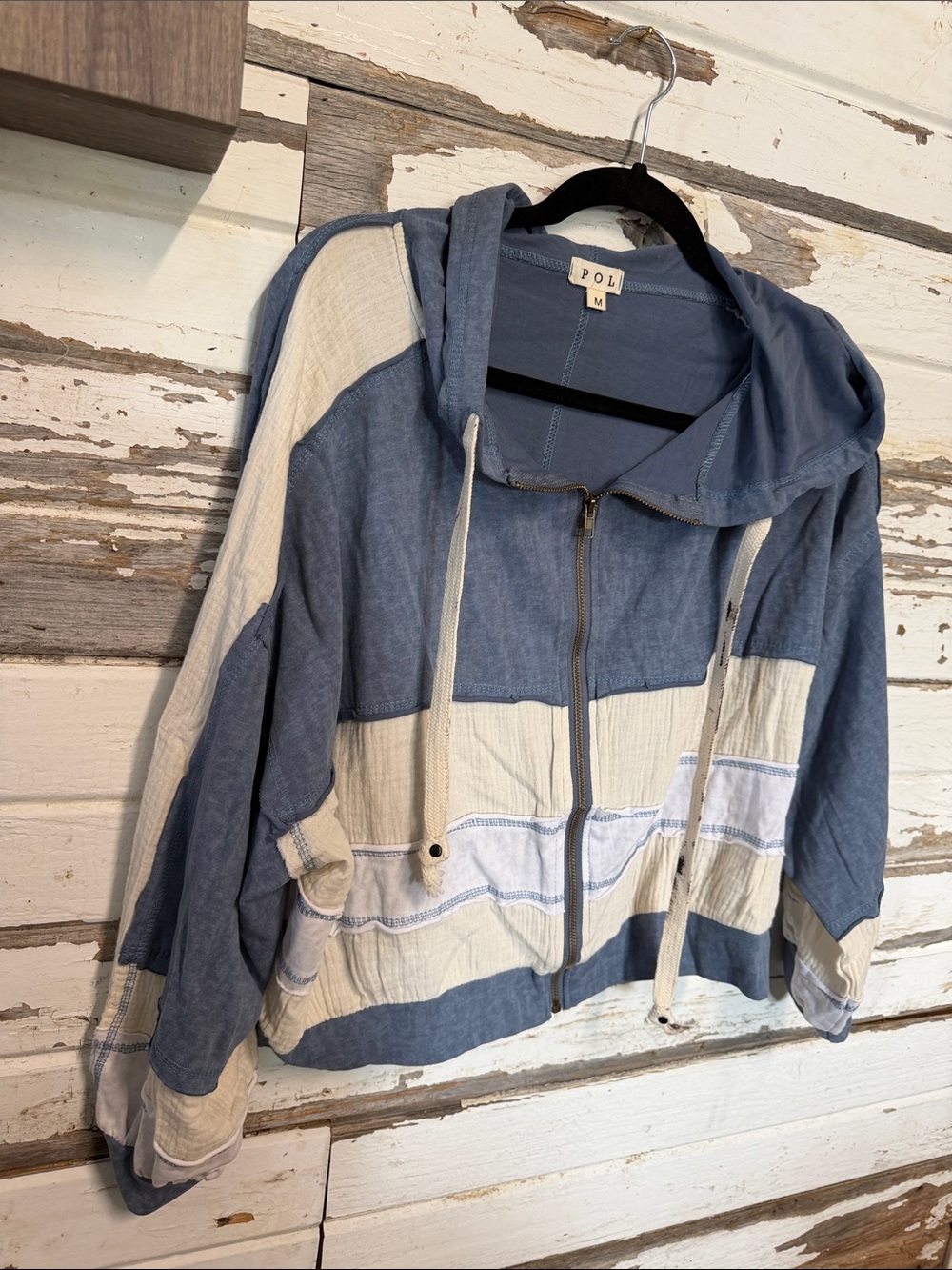 POL Blue and Cream Hooded distressed Zip Bomber Jacket - Picture 2 of 10